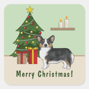Black Tricolor Pembroke Welsh Corgi Weihnachtsbaum Quadratischer Aufkleber