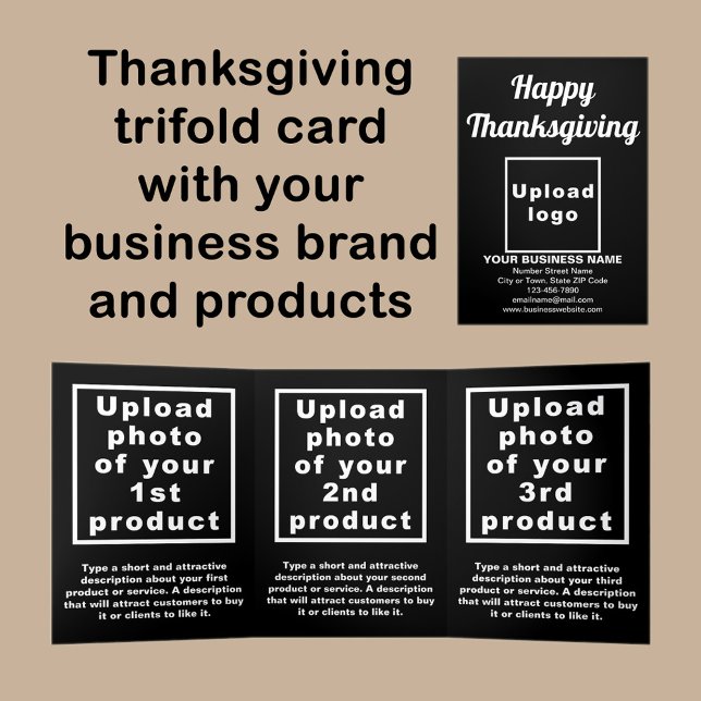 Black Trifold Card Business Erntedank Dreifach Gefaltete Karte (Thanksgiving black trifold card with your business brand and products or services.)