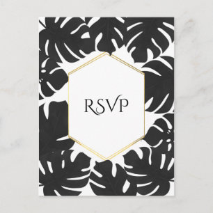 Black Tropical Blätter White & Gold Wedding RSVP Einladungspostkarte