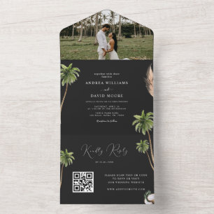 Black Tropical Palm Tree Foto QR Code Hochzeit All In One Einladung