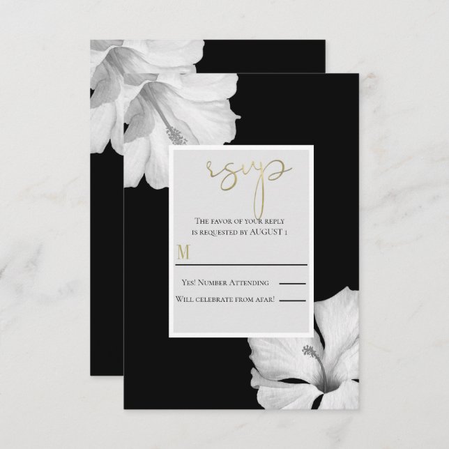 Black Tropical Wedding RSVP-Antwort auf White Hibi Einladung (Vorne/Hinten)
