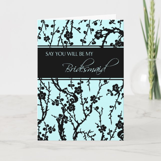 Black Turquoise Floral Bridesmaid Einladungskarte (Vorderseite)