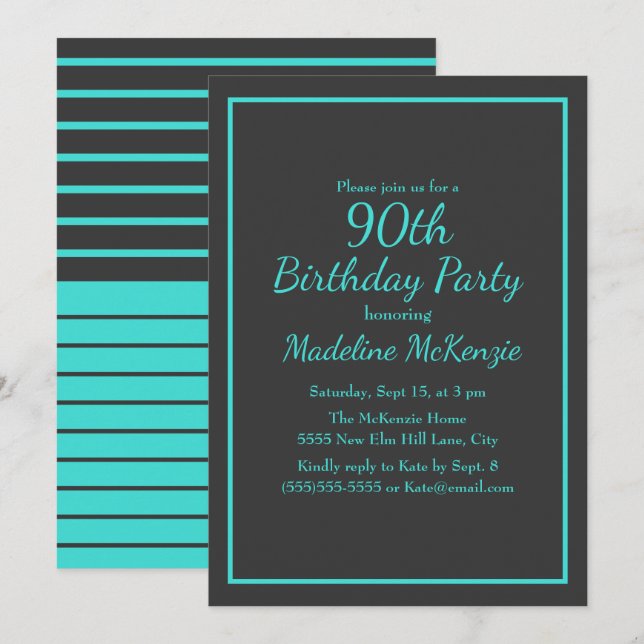 Black Turquoise Striped 90th Birthday Party Einladung (Vorne/Hinten)