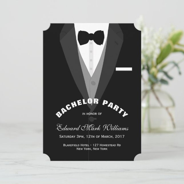 Black Tuxedo Bachelor Party Einladung (Stehend Vorderseite)