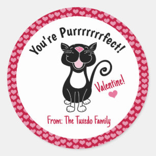 Black Tuxedo Cat Valentine's Day Red Hearts Runder Aufkleber