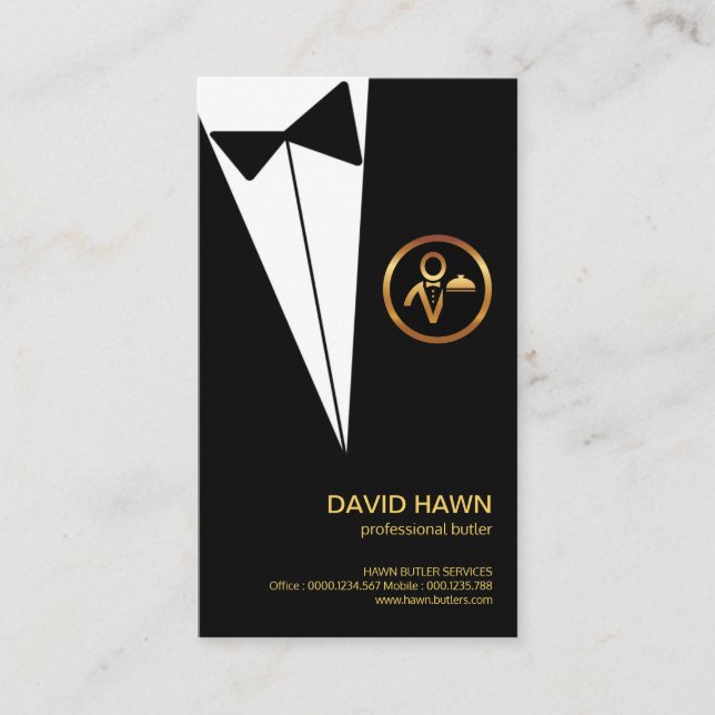 Black Tuxedo Gold Boutonniere Butlers Logo Visitenkarte (Vorderseite)