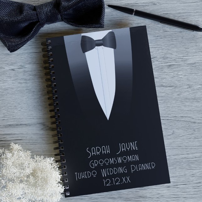 Black Tuxedo Groomswoman 1920er Jahre Hochzeitspla Planer (Add your Groomswoman's name and your wedding date. Makes a useful wedding favor for her)