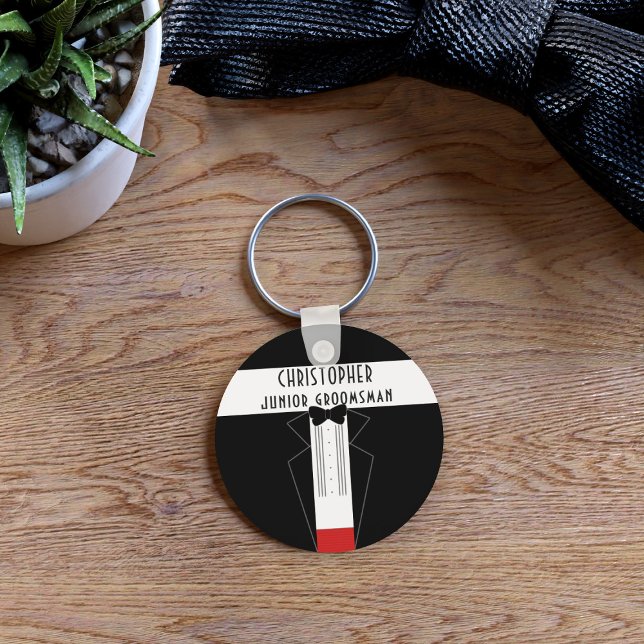 Black Tuxedo Junior Trauzeuge Wedding Schlüsselanh Schlüsselanhänger (Add your Junior Groomsman name to this cute black tuxedo keychain)