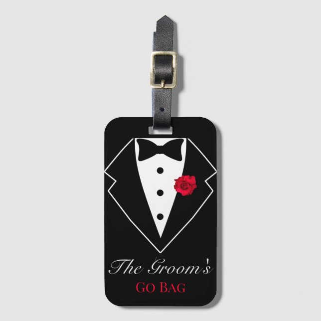 Black Tuxedo mit Rote Rose Flitterwochen individue Gepäckanhänger (Vorderseite Vertikal)
