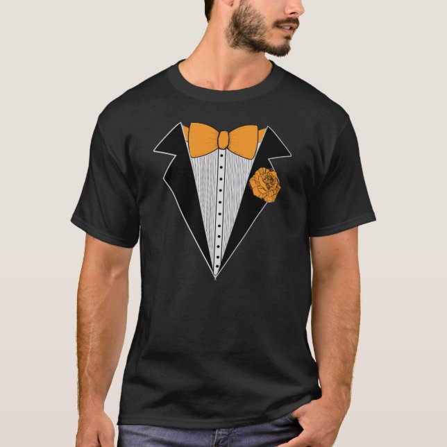 Black Tuxedo Stil mit Orange Bowtie & Rose T-Shirt (Vorderseite)