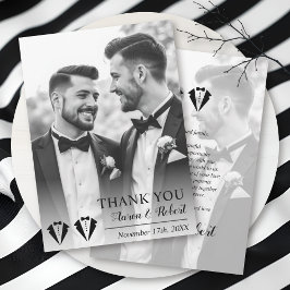 Black tuxedo two grooms gay wedding photo dankeskarte