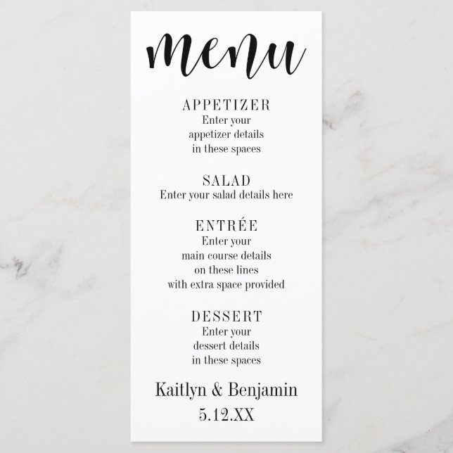 Black Typografy Wedding Menu mit Bokeh Back Menükarte (Vorderseite)