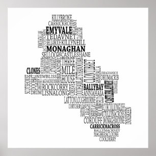 Black Typographical Map of Co. Monaghan, Ireland Poster