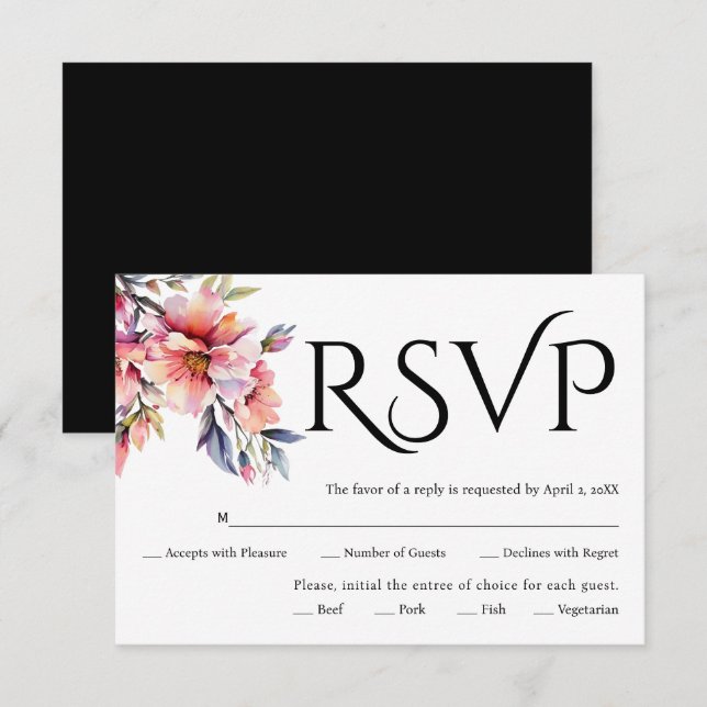 Black typography, rhododendron branch with flowers RSVP karte (Vorne/Hinten)