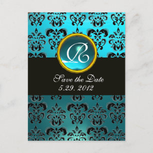 BLACK UND BLUE TURQUASE DAMASK GEM Monogramm Ankündigungspostkarte
