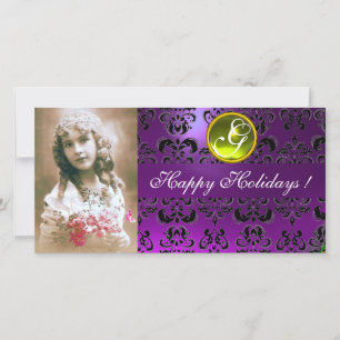 BLACK UND LILA DAMASK Gelbes Topaz Monogramm Feiertagskarte