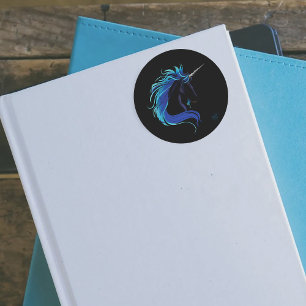 Black Unicorn Blue Silver Runder Aufkleber