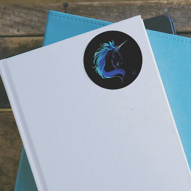 Black Unicorn Blue Silver Runder Aufkleber (Von Creator hochgeladen)