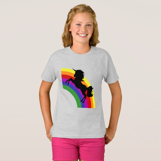 Black Unicorn Silhouette mit Rainbow Girl's Shirt (Vorne ganz)