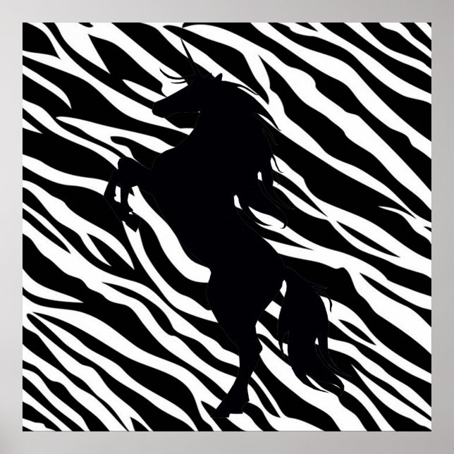 Black Unicoron Silhouette auf Zebra Print Poster (Vorne)