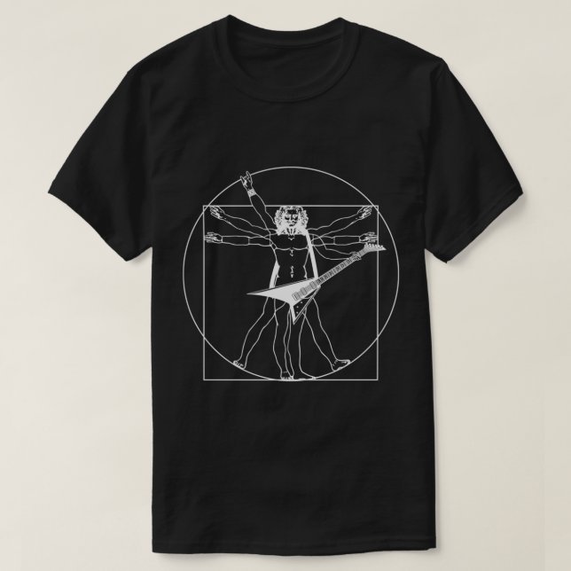 Black Unique Vitruvian Mann spielt Flying V Gitarr T-Shirt (Design vorne)