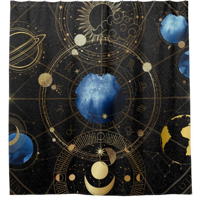 Black Velvet Gold Celestial Astrologie Duschvorhang (Vorderseite)