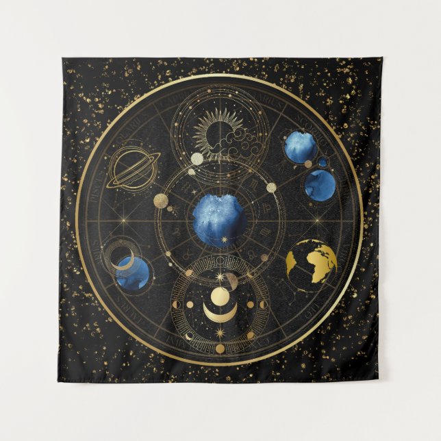 Black Velvet Gold Celestial Astrologie Wandteppich (Vorderseite)