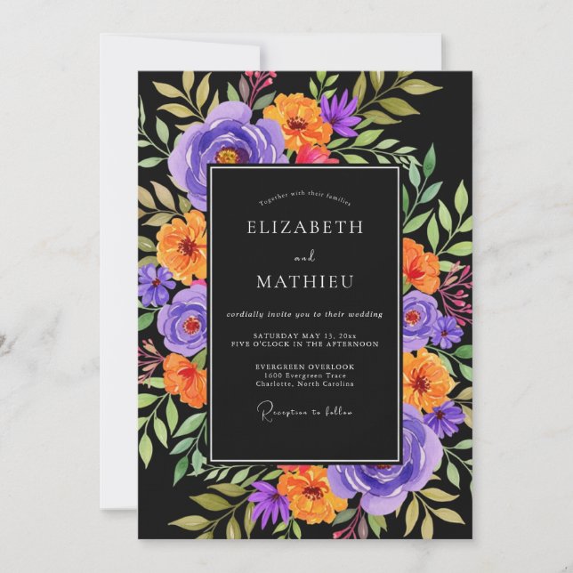 Black Vibrant Botanical Wedding Einladung (Vorderseite)