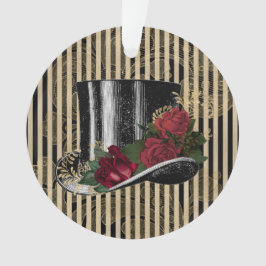 Black Victorian Hat on Black Gold Damask Stripes Ornament