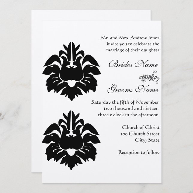 Black Viktorianisch Damask Wedding Einladung (Vorne/Hinten)