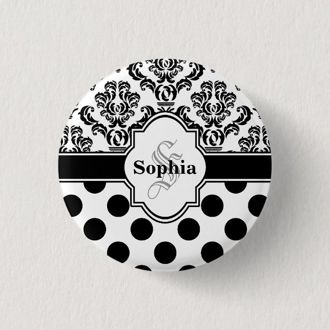 Black Vintag Damask Niedliche Polka Dots Button (Vorderseite)