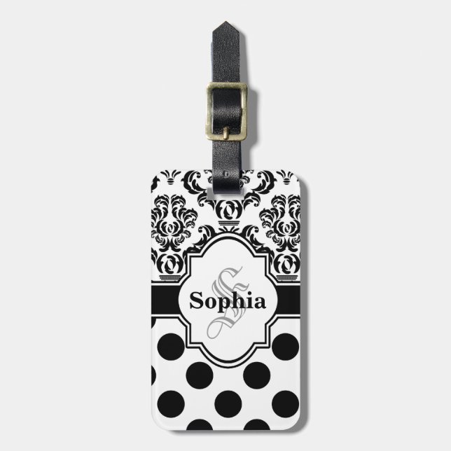Black Vintag Damask Niedliche Polka Dots Gepäckanhänger (Vorderseite vertikal)