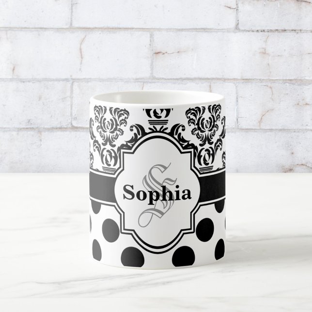 Black Vintag Damask Niedliche Polka Dots Kaffeetasse (Von Creator hochgeladen)