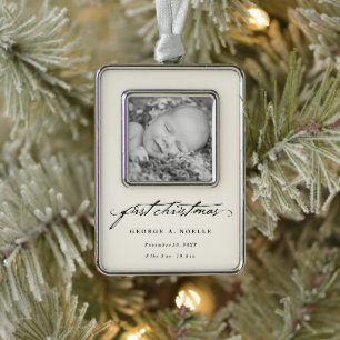 Black Vintag Handwriting Baby 1. Foto Weihnachten Rahmen-Ornament Silber