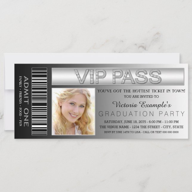 Black VIP Pass Admission Ticket Graduation Party Einladung (Vorderseite)