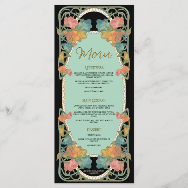 Black Watercolor Art Nouveau Wedding Menu Menükarte (Vorderseite)