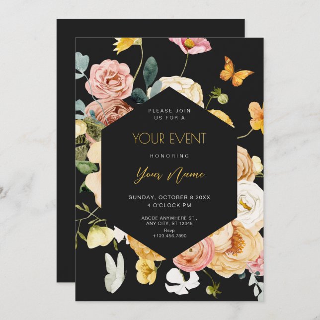 Black Watercolor Blumen elegant Einladung (Vorne/Hinten)