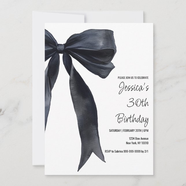 Black Watercolor Bow Birthday Elegant Invitation Einladung (Vorderseite)