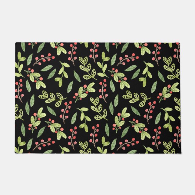 Black Watercolor Christmas Mistletoe Pattern Fußmatte (Vorderseite)