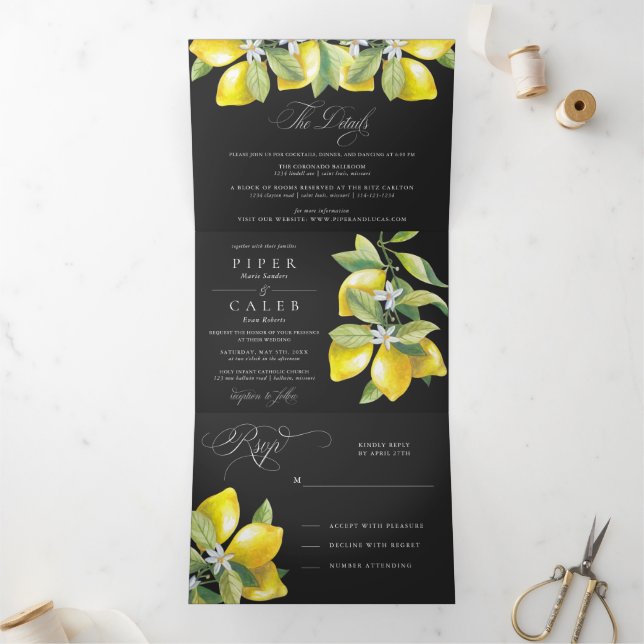 Black Watercolor Citrus Lemon Blossom Hochzeit Dreifach Gefaltete Einladung (Innenseite)