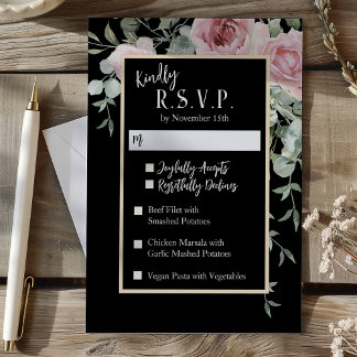 Black Watercolor Pink Floral Wedding RSVP Card