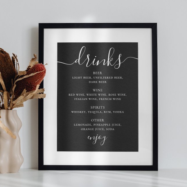 Black Wedding Bar Karte | Modern Script Drinks Poster (Von Creator hochgeladen)