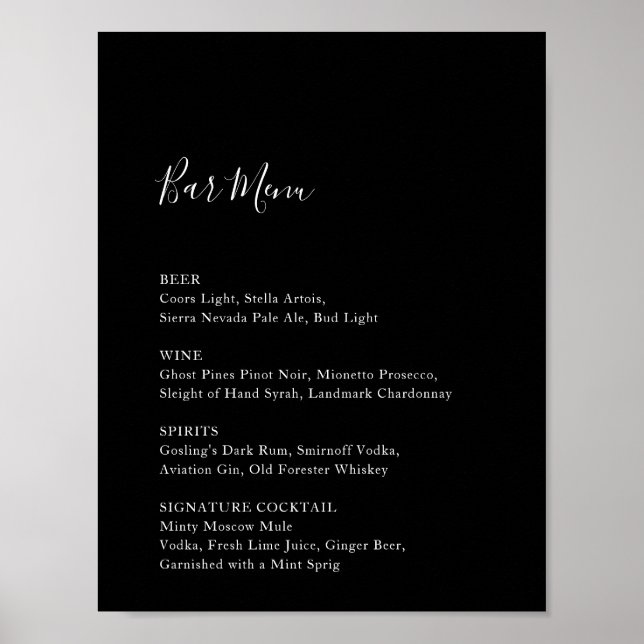 Black Wedding Bar Menu Empfang Sign Drinks Poster (Vorne)