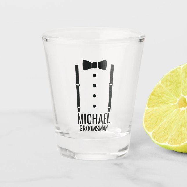 Black Wedding Bow Krawatte Personalisierte Trauzeu Schnapsglas (Vorderseite)