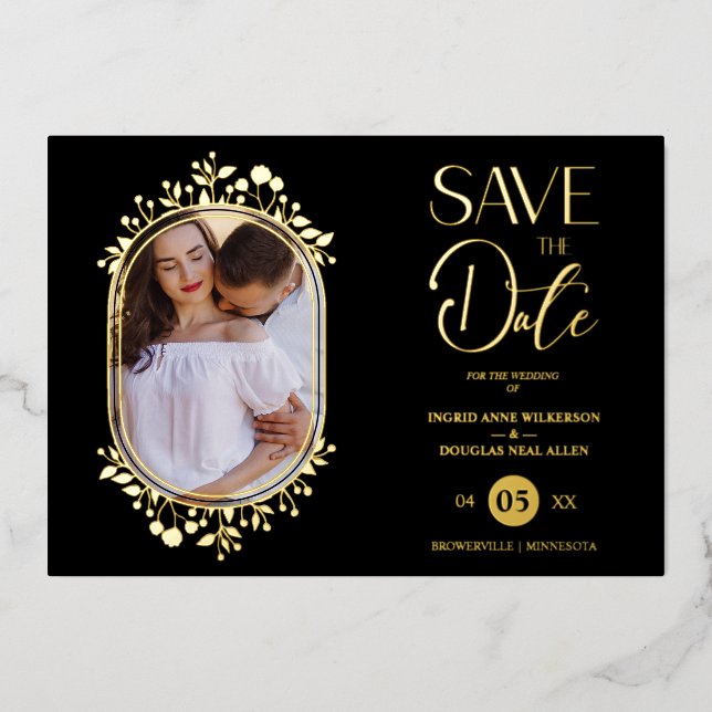 Black Wedding Fancy Ornament Frame Flowers Photo Folieneinladung (Vorderseite)