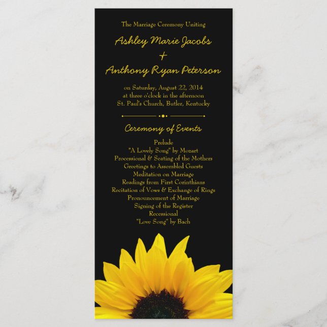 Black Wedding Program der Gelben Sonnenblume Blume Programm (Vorderseite)