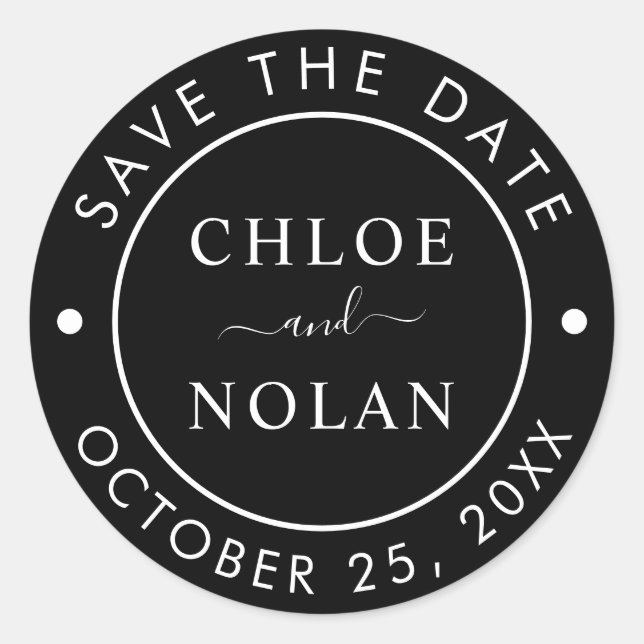 Black Wedding Save the Date Modern Script Runder Aufkleber (Vorderseite)