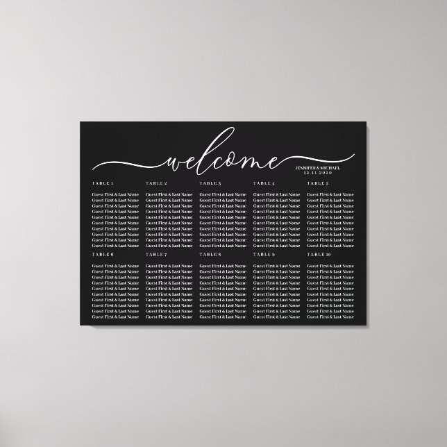Black Wedding Welcome Seating Table Numbers Leinwanddruck (Vorderseite)