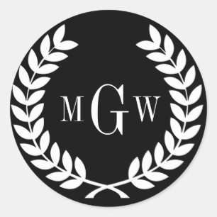 Black Wheat Laurel Wreath Monogram Env Siegels Runder Aufkleber