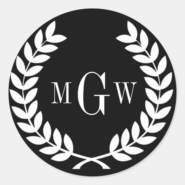 Black Wheat Laurel Wreath Monogram Env Siegels Runder Aufkleber (Vorderseite)
